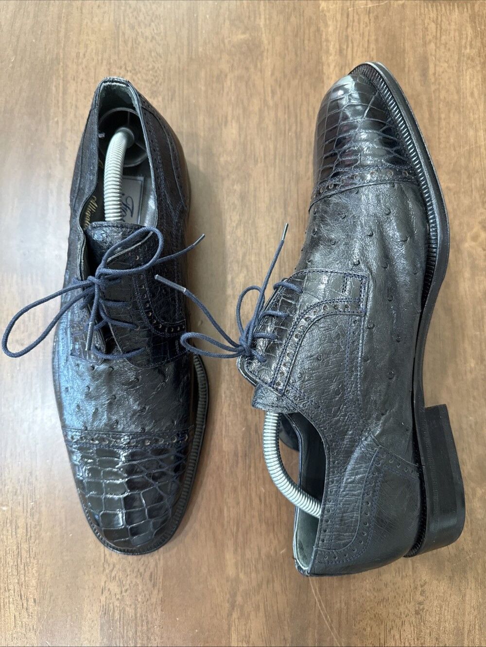 Forli Navy Genuine Alligator Ostrich Exotic Leather Cap Toe Lace Up Shoes Mens 9
